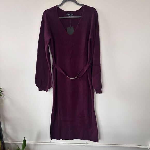 NWT Burgundy Sweater Midi Abigayle Belt Detail Sweater Dress XXL - Picture 11 of 12